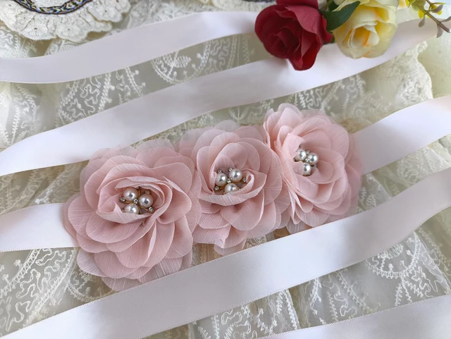 Alt view image 3 of 5 - Oyabridal Blush Sash Belt for Girls,Flower Girl Sash Belt for Dresses,Chiffon Pearls Bridesmaid Dress Sash Belts Blush Pink