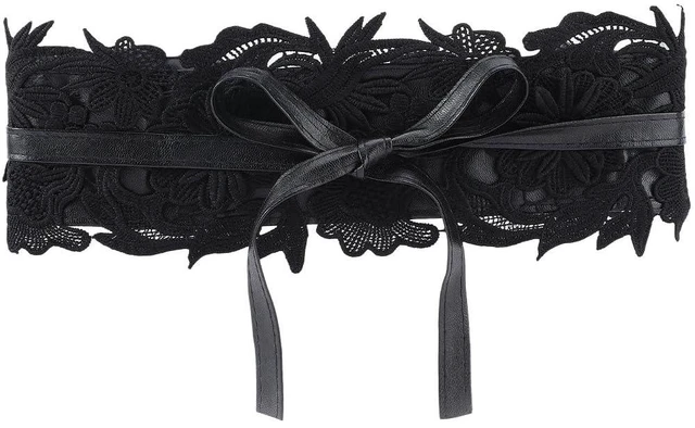Main image of Black Wide Cinch Corset Lace Up Waist Belt Vintage Boho Flower Bowknot Faux Leather Bow Tie Wrap Around Obi Trendy Waistband Belts Bulk for Women Dresses Clothes Costume Shirts Accessories