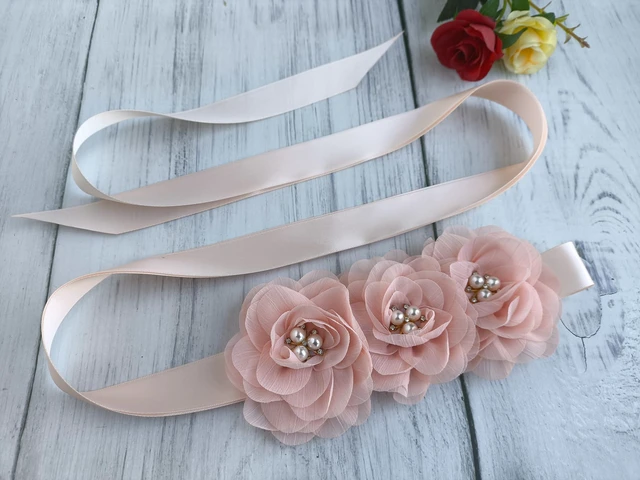 Alt view image 5 of 5 - Oyabridal Blush Sash Belt for Girls,Flower Girl Sash Belt for Dresses,Chiffon Pearls Bridesmaid Dress Sash Belts Blush Pink