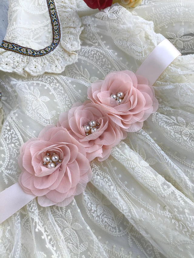 Alt view image 4 of 5 - Oyabridal Blush Sash Belt for Girls,Flower Girl Sash Belt for Dresses,Chiffon Pearls Bridesmaid Dress Sash Belts Blush Pink