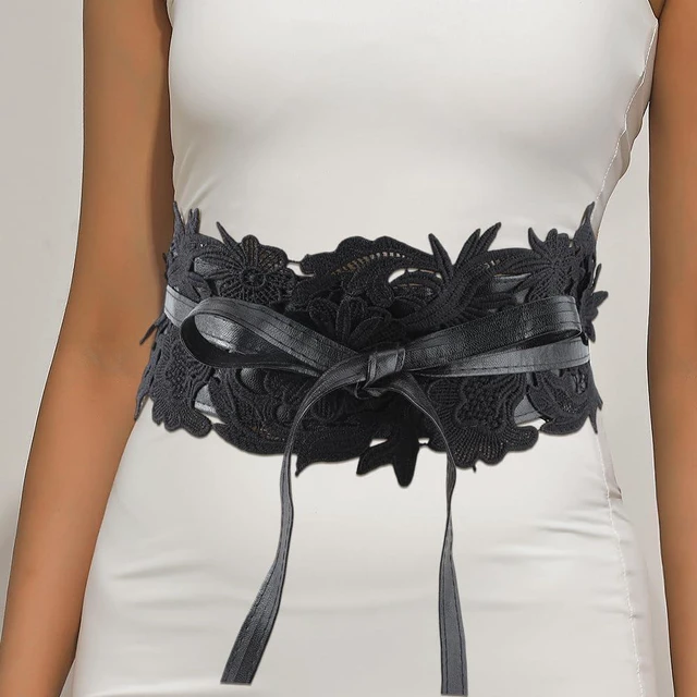 Alt view image 4 of 5 - Black Wide Cinch Corset Lace Up Waist Belt Vintage Boho Flower Bowknot Faux Leather Bow Tie Wrap Around Obi Trendy Waistband Belts Bulk for Women Dresses Clothes Costume Shirts Accessories