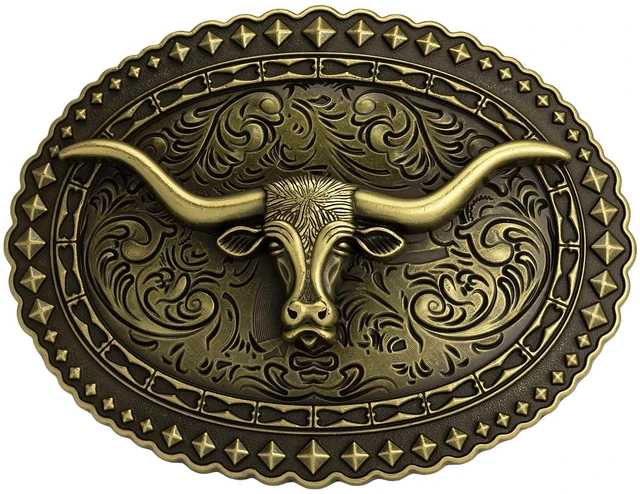 Main image of Vintage Longhorn Belt Buckle for 1.5" Western Belts - Antique Bronze & Silver Cowboy Cowgirl Accessory (Texas Longhorn-Style07, Large)