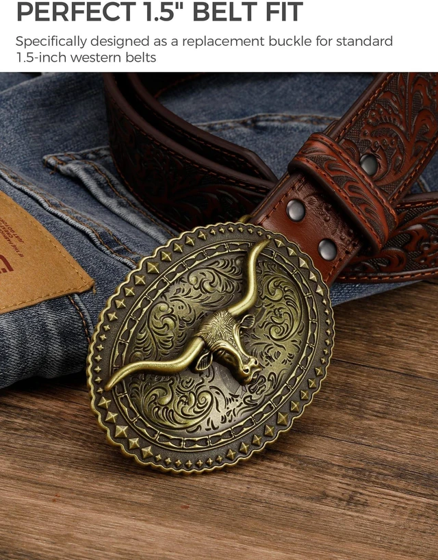 Alt view image 4 of 6 - Vintage Longhorn Belt Buckle for 1.5" Western Belts - Antique Bronze & Silver Cowboy Cowgirl Accessory (Texas Longhorn-Style07, Large)