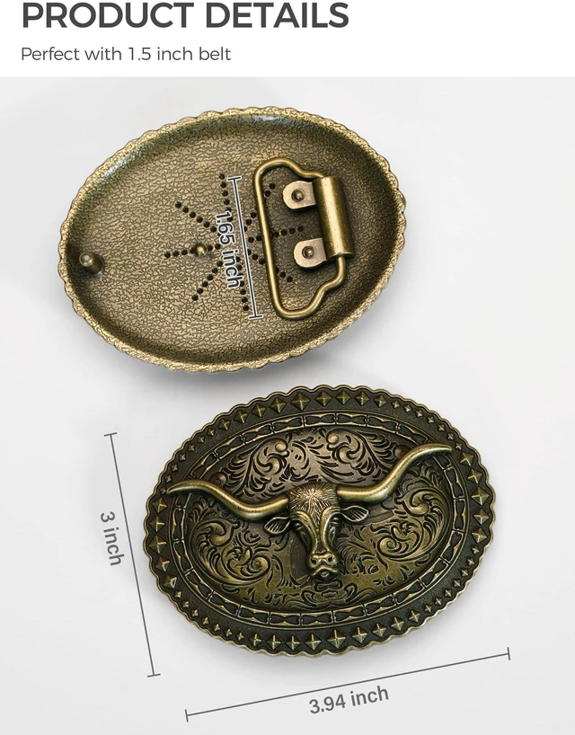 Alt view image 6 of 6 - Vintage Longhorn Belt Buckle for 1.5" Western Belts - Antique Bronze & Silver Cowboy Cowgirl Accessory (Texas Longhorn-Style07, Large)