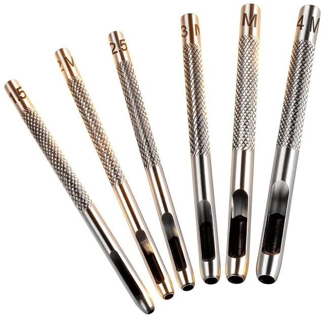 Main image of 6 PCS Hollow Leather Punch Set, 1.5mm-4mm (1/16-5/32) Carbon Steel Hole Punch Tools for Belts, Watch Straps, Leather Craft - with Knurled Grip & Size Markings