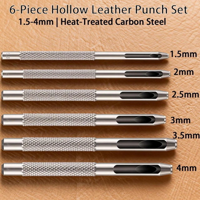 Alt view image 2 of 7 - 6 PCS Hollow Leather Punch Set, 1.5mm-4mm (1/16-5/32) Carbon Steel Hole Punch Tools for Belts, Watch Straps, Leather Craft - with Knurled Grip & Size Markings