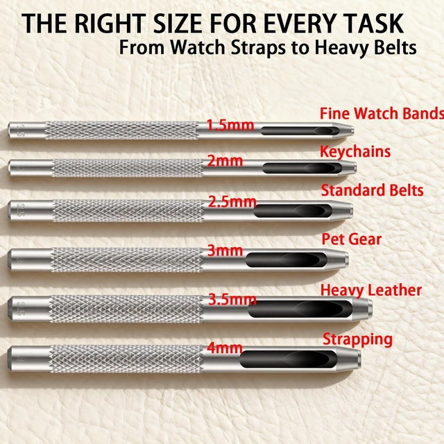 Alt view image 4 of 7 - 6 PCS Hollow Leather Punch Set, 1.5mm-4mm (1/16-5/32) Carbon Steel Hole Punch Tools for Belts, Watch Straps, Leather Craft - with Knurled Grip & Size Markings