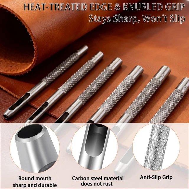 Alt view image 6 of 7 - 6 PCS Hollow Leather Punch Set, 1.5mm-4mm (1/16-5/32) Carbon Steel Hole Punch Tools for Belts, Watch Straps, Leather Craft - with Knurled Grip & Size Markings