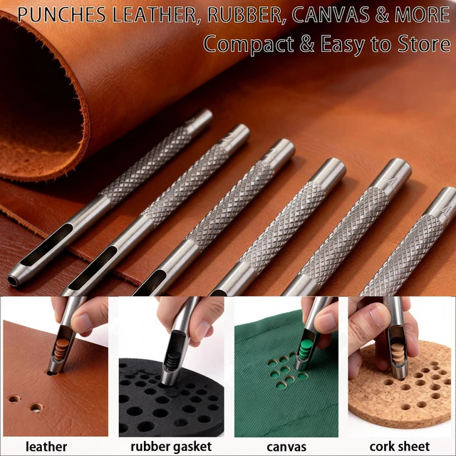 Alt view image 5 of 7 - 6 PCS Hollow Leather Punch Set, 1.5mm-4mm (1/16-5/32) Carbon Steel Hole Punch Tools for Belts, Watch Straps, Leather Craft - with Knurled Grip & Size Markings