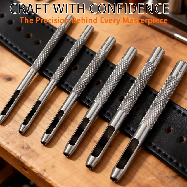 Alt view image 7 of 7 - 6 PCS Hollow Leather Punch Set, 1.5mm-4mm (1/16-5/32) Carbon Steel Hole Punch Tools for Belts, Watch Straps, Leather Craft - with Knurled Grip & Size Markings