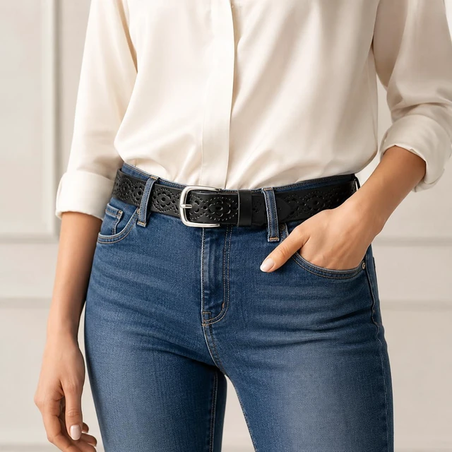 Alt view image 4 of 6 - Women's Genuine Leather Belt, Hollow Fashion Casual Pin Buckle Leather Belt | Hollow Genuine Leather Belts,Fashion Casual Waist Belt,Jeans Dress Pants Floral Cutout Belt