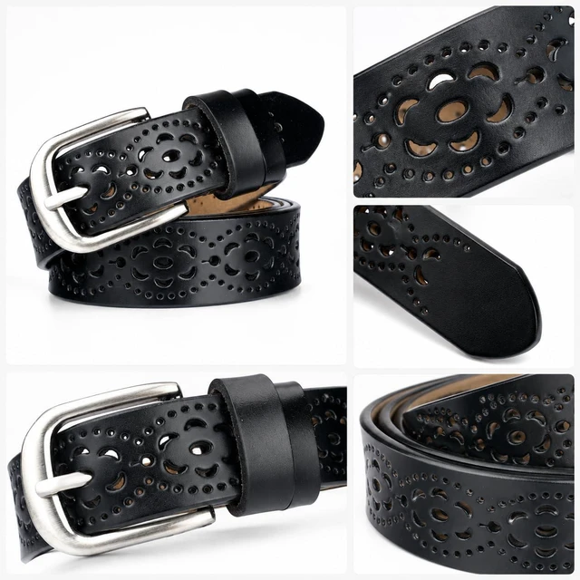 Alt view image 3 of 6 - Women's Genuine Leather Belt, Hollow Fashion Casual Pin Buckle Leather Belt | Hollow Genuine Leather Belts,Fashion Casual Waist Belt,Jeans Dress Pants Floral Cutout Belt