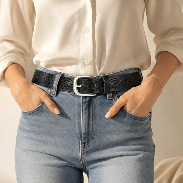 Alt view image 5 of 6 - Women's Genuine Leather Belt, Hollow Fashion Casual Pin Buckle Leather Belt | Hollow Genuine Leather Belts,Fashion Casual Waist Belt,Jeans Dress Pants Floral Cutout Belt