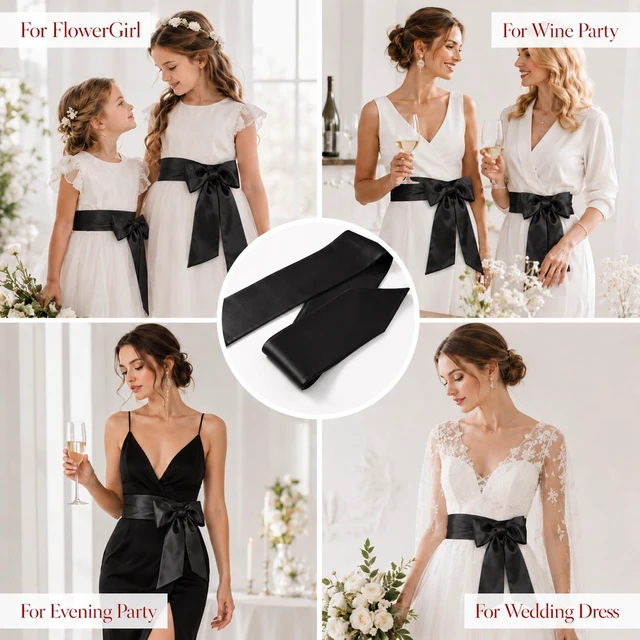 Alt view image 7 of 7 - Black Sash Satin Belt, Long Wide Dress Bridal Sash, Self-tie Bow for Wedding Special Occasion(4 x 98.4inch)