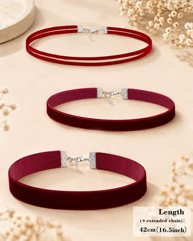 Alt view image 3 of 6 - 3pcs Red Choker Necklace for Women Red Velvet Choker Set Layered Chokers Necklaces Classic Chokers for Women Adjustable Gothic Collar Necklace for Party Cosplay Christmas Birthday Jewelry Gifts-3R