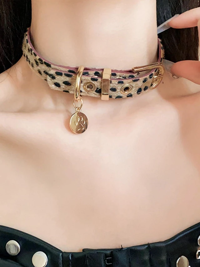 Alt view image 2 of 7 - PU Simulated Leather Punk Choker Necklaces Leopard Print Necklace Wrap Suede Neck Chain Choker Goth Vintage Animal Print Choker Adjustable Collar Necklace for Women Party Jewelry (Brown) (Brown)