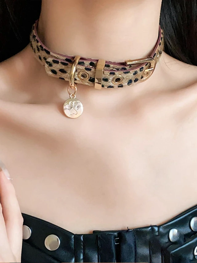 Alt view image 3 of 7 - PU Simulated Leather Punk Choker Necklaces Leopard Print Necklace Wrap Suede Neck Chain Choker Goth Vintage Animal Print Choker Adjustable Collar Necklace for Women Party Jewelry (Brown) (Brown)