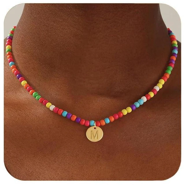 Main image of Honsny Colorful Beaded Initial Necklaces for Women Gifts Cute Beaded Necklaces for Women Choker Charm Boho Initial Necklace for Teen Jewelry Gifts