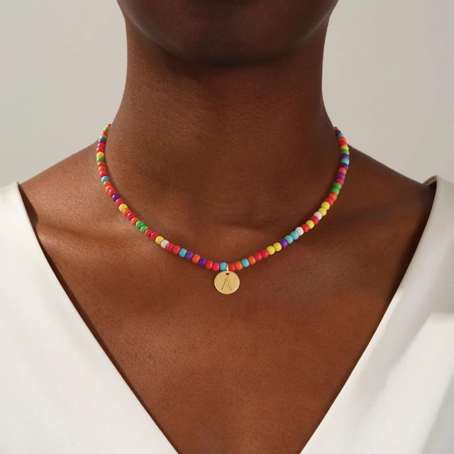 Alt view image 2 of 6 - Honsny Colorful Beaded Initial Necklaces for Women Gifts Cute Beaded Necklaces for Women Choker Charm Boho Initial Necklace for Teen Jewelry Gifts
