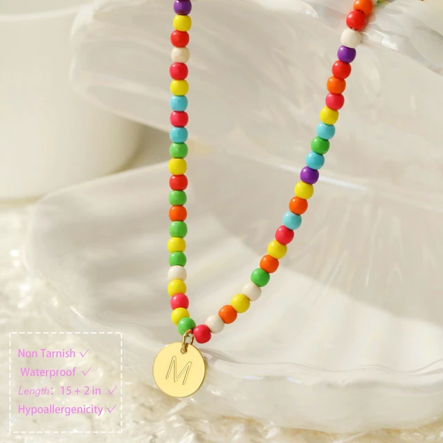 Alt view image 5 of 6 - Honsny Colorful Beaded Initial Necklaces for Women Gifts Cute Beaded Necklaces for Women Choker Charm Boho Initial Necklace for Teen Jewelry Gifts