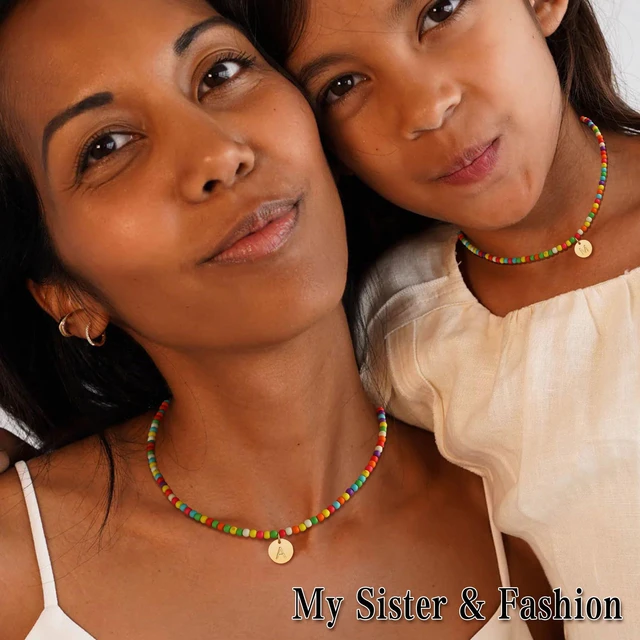 Alt view image 4 of 6 - Honsny Colorful Beaded Initial Necklaces for Women Gifts Cute Beaded Necklaces for Women Choker Charm Boho Initial Necklace for Teen Jewelry Gifts