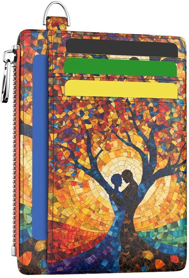 Main image of Slim Wallet Women Credit Card Holder Tree of Life RFID Small | Zipper Pocket Wallet, Thin Coin Purse, PU Leather, Minimalist Travel Card Case, 6 Card Slots, ID Window, Ladies Wallet Gifts