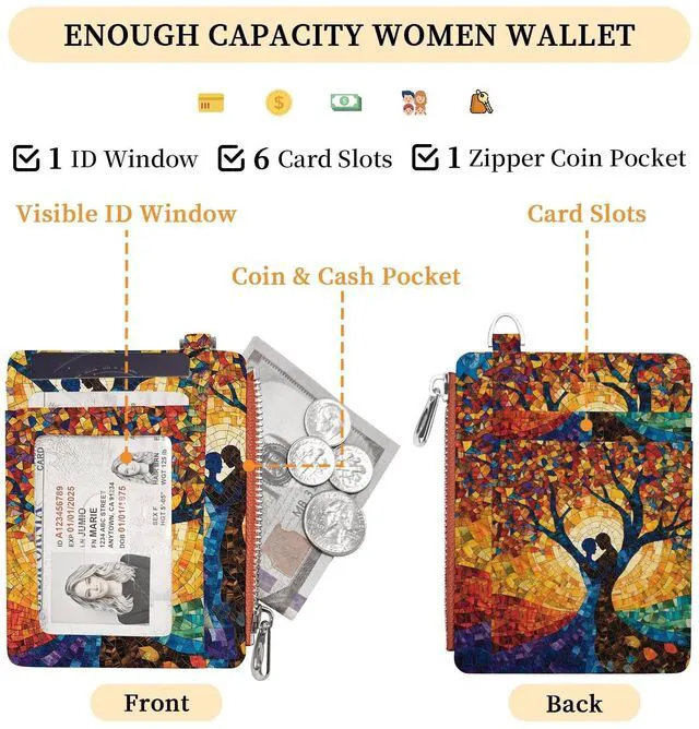 Alt view image 3 of 6 - Slim Wallet Women Credit Card Holder Tree of Life RFID Small | Zipper Pocket Wallet, Thin Coin Purse, PU Leather, Minimalist Travel Card Case, 6 Card Slots, ID Window, Ladies Wallet Gifts