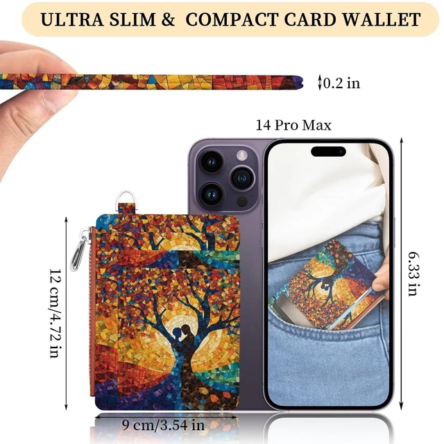 Alt view image 6 of 6 - Slim Wallet Women Credit Card Holder Tree of Life RFID Small | Zipper Pocket Wallet, Thin Coin Purse, PU Leather, Minimalist Travel Card Case, 6 Card Slots, ID Window, Ladies Wallet Gifts