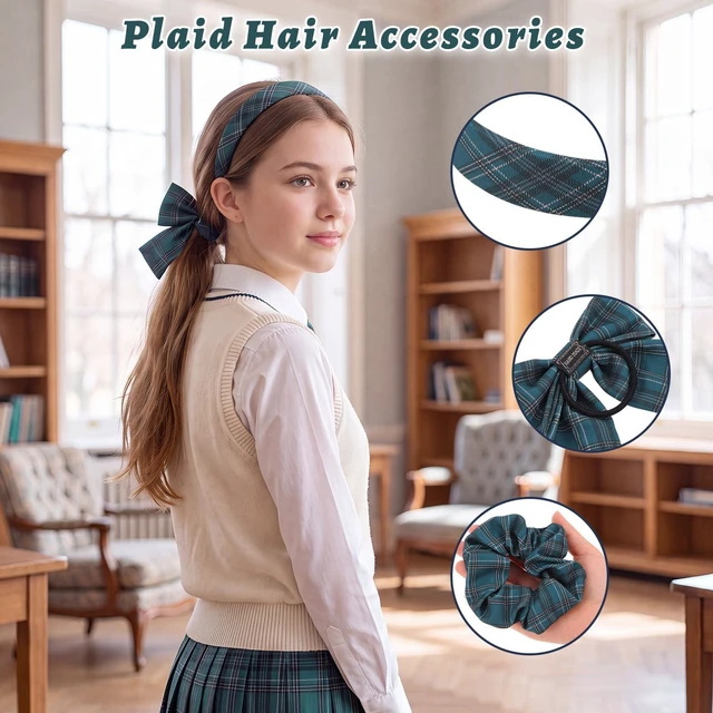 Alt view image 2 of 7 - School Uniform Plaid Hair Headband Bow Hair Tie Accessories for Girls | Back to School Uniform Hair Accessories for Girls Teens, Uniform Plaid Headband Hair Bows Scrunchies