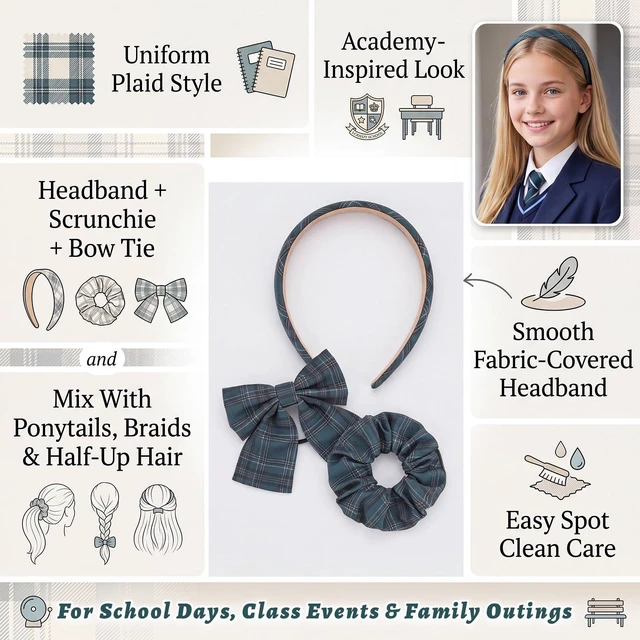 Alt view image 4 of 7 - School Uniform Plaid Hair Headband Bow Hair Tie Accessories for Girls | Back to School Uniform Hair Accessories for Girls Teens, Uniform Plaid Headband Hair Bows Scrunchies