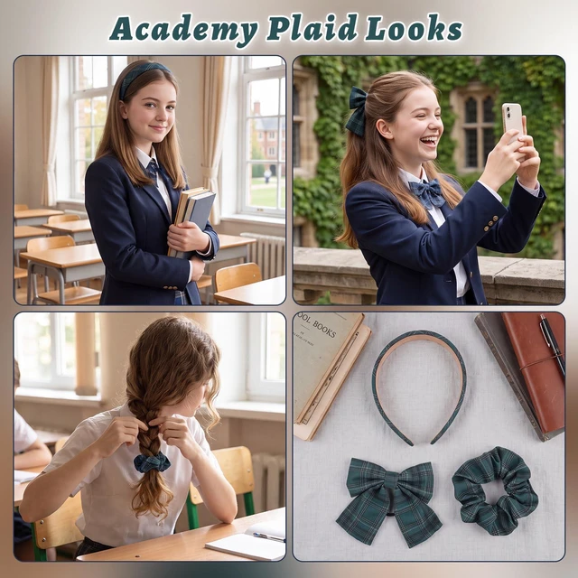Alt view image 5 of 7 - School Uniform Plaid Hair Headband Bow Hair Tie Accessories for Girls | Back to School Uniform Hair Accessories for Girls Teens, Uniform Plaid Headband Hair Bows Scrunchies