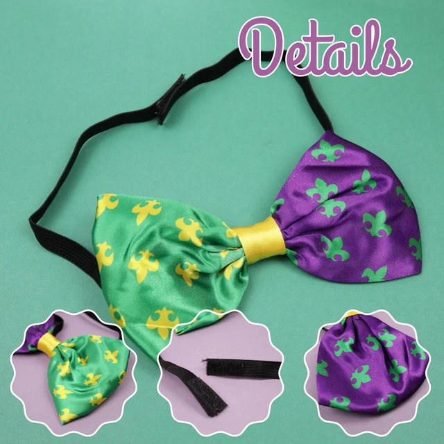 Alt view image 3 of 7 - Mardi Gras Bow Tie, Purple, Green, and Gold Tone with Elastic Bowtie, Party Accessories, One Size (Fleur De Lis)
