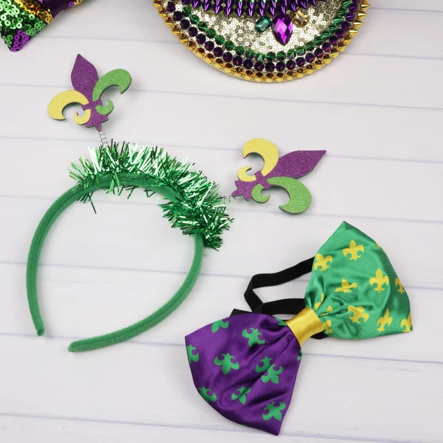 Alt view image 4 of 7 - Mardi Gras Bow Tie, Purple, Green, and Gold Tone with Elastic Bowtie, Party Accessories, One Size (Fleur De Lis)