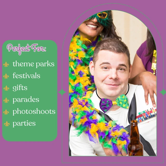 Alt view image 5 of 7 - Mardi Gras Bow Tie, Purple, Green, and Gold Tone with Elastic Bowtie, Party Accessories, One Size (Fleur De Lis)