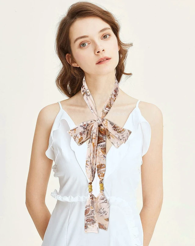 Alt view image 2 of 7 - GERINLY Spring Skinny Scarf Stylish Narrow Scarves Belt Vintage Flower Waist Scarf Neck Wrist Band Head Hair Ribbon Tie (Pink)