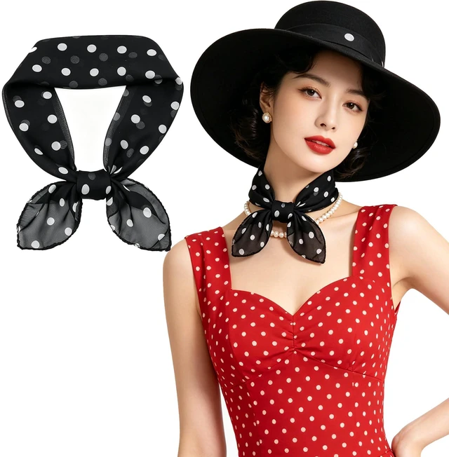 Main image of IZUS Lady 50s Polka-Dots Sheer-Chiffon Small-Square-Scarf Women Neck-Head-Scarves Hair-Tie-Bandana Girl Hip-Hop-Kerchief 25in