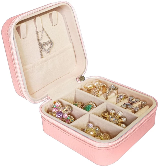 Main image of Jemjosh Small Travel Jewelry Box, Portable Mini Jewelry Leather Box Jewelry Ring Organizer Case Storage Holder Gift Boxes for Girls Women, Pink