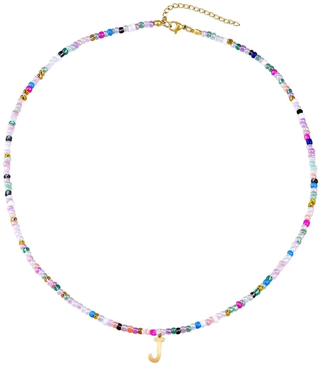 Main image of LOVE Cute Handmade Colorful Initial Necklace - Trendy Beaded Choker Necklace for Women Teens, Gold Letter Choker Necklace for Women Jewelry Gifts Best Friend (Sweet Color, J)