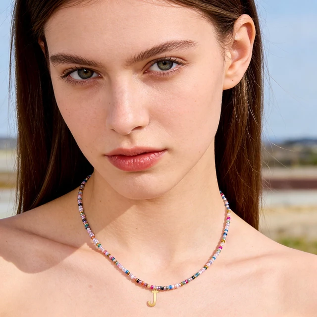 Alt view image 2 of 6 - LOVE Cute Handmade Colorful Initial Necklace - Trendy Beaded Choker Necklace for Women Teens, Gold Letter Choker Necklace for Women Jewelry Gifts Best Friend (Sweet Color, J)