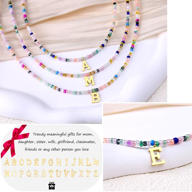 Alt view image 5 of 6 - LOVE Cute Handmade Colorful Initial Necklace - Trendy Beaded Choker Necklace for Women Teens, Gold Letter Choker Necklace for Women Jewelry Gifts Best Friend (Sweet Color, J)