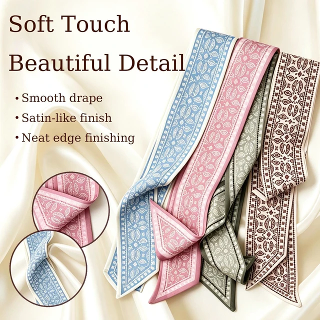 Alt view image 3 of 5 - 4 Pcs Women's Fashion Scarf, Multifunctional Neck Scarves, Headbands | Bow hair tie, collar decoration, for neck wrist and bag, four colors, Made of Polyester Material, machine washable