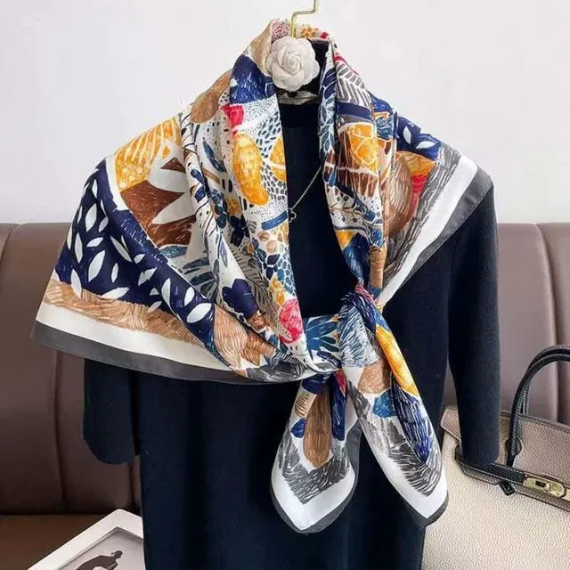 Alt view image 2 of 6 - Large Silk Feeling Hair Scarf Bandanas for Women Elegant Silky Satin Neck Scarves 35inches Square Hair Sleeping Wrap (26 M10 Navy Leaves)