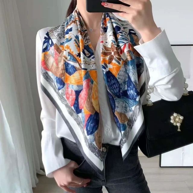 Alt view image 3 of 6 - Large Silk Feeling Hair Scarf Bandanas for Women Elegant Silky Satin Neck Scarves 35inches Square Hair Sleeping Wrap (26 M10 Navy Leaves)