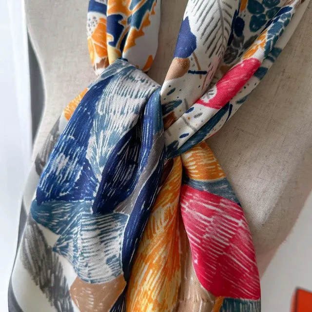 Alt view image 4 of 6 - Large Silk Feeling Hair Scarf Bandanas for Women Elegant Silky Satin Neck Scarves 35inches Square Hair Sleeping Wrap (26 M10 Navy Leaves)