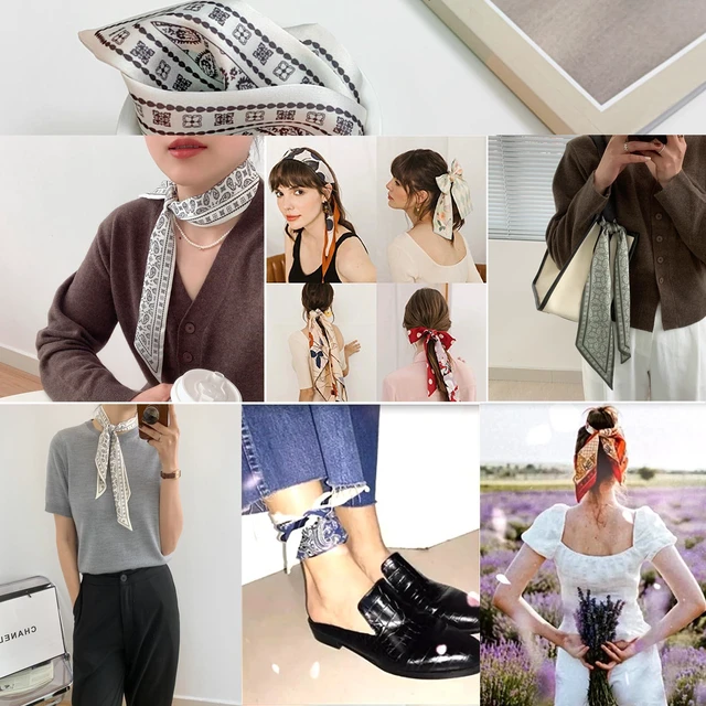 Alt view image 6 of 7 - Wojgzon 4PCS Fashion Silk Scarves for Women Skinny Neck Head Scarves Purse Scarf Headbands for Bags Hair Accessories