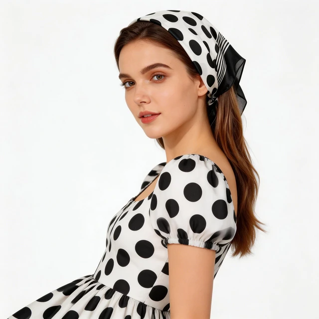 Alt view image 2 of 7 - 1950s Polka Dots Silk Head Scarf for Women - 27.5" Satin Hair Neck Scarf Wrap Lightweight Bandana Kerchief 50s Costume Accessory