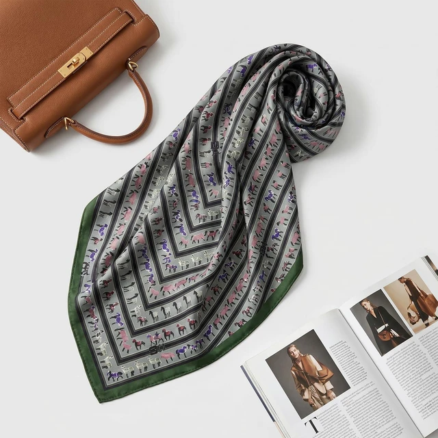 Alt view image 5 of 7 - Western Horse Neck Scarf for Women, 27.55x27.55inch | Silk Square Vintage Soft Wrap, Lightweight Satin Bandana - Green