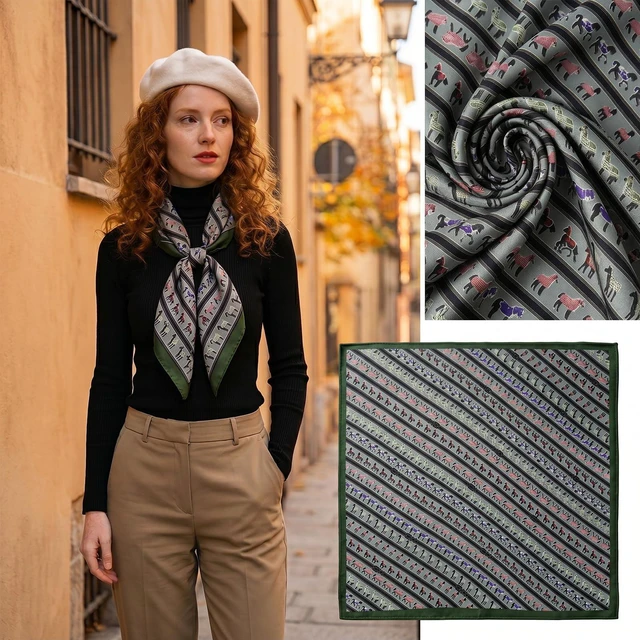 Alt view image 6 of 7 - Western Horse Neck Scarf for Women, 27.55x27.55inch | Silk Square Vintage Soft Wrap, Lightweight Satin Bandana - Green