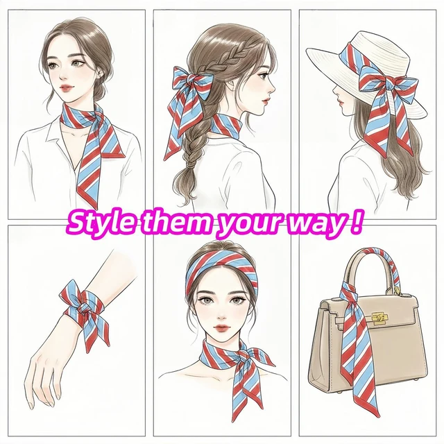 Alt view image 7 of 7 - Fashion Scarves for Women, Multifunctional Boho Scarves Headbands Satin Scarf for Bag Hair Accessories (6 Pack) (Red Series)