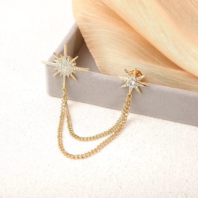 Alt view image 3 of 7 - Gold Rhinestone Star Brooch for Women, Crystal Snowflake Brooch Lapel Pins Fashion Gold Broach Pin Dress Suit Accessories with Tassel Chain Clothing Clip Broach for Women Men